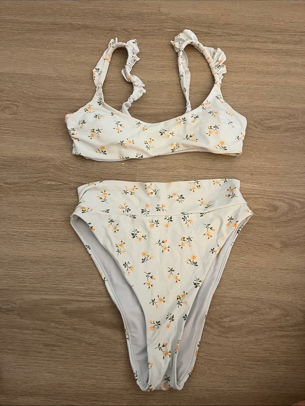 aerie Cream Floral Ruffle Strap High-Waist Bikini
